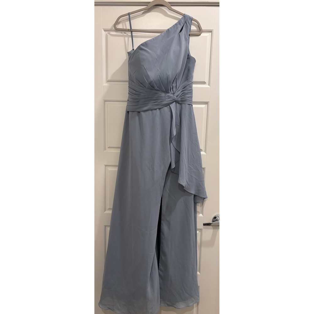 ARS One Shoulder Chiffon Gown Dusty Blue Pleated Corset Back Formal Dress NEW